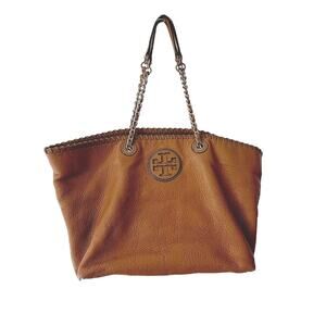 Tory Burch Marion East-West Tote in Royal Tan Pebbled Leather Gold Link Handle